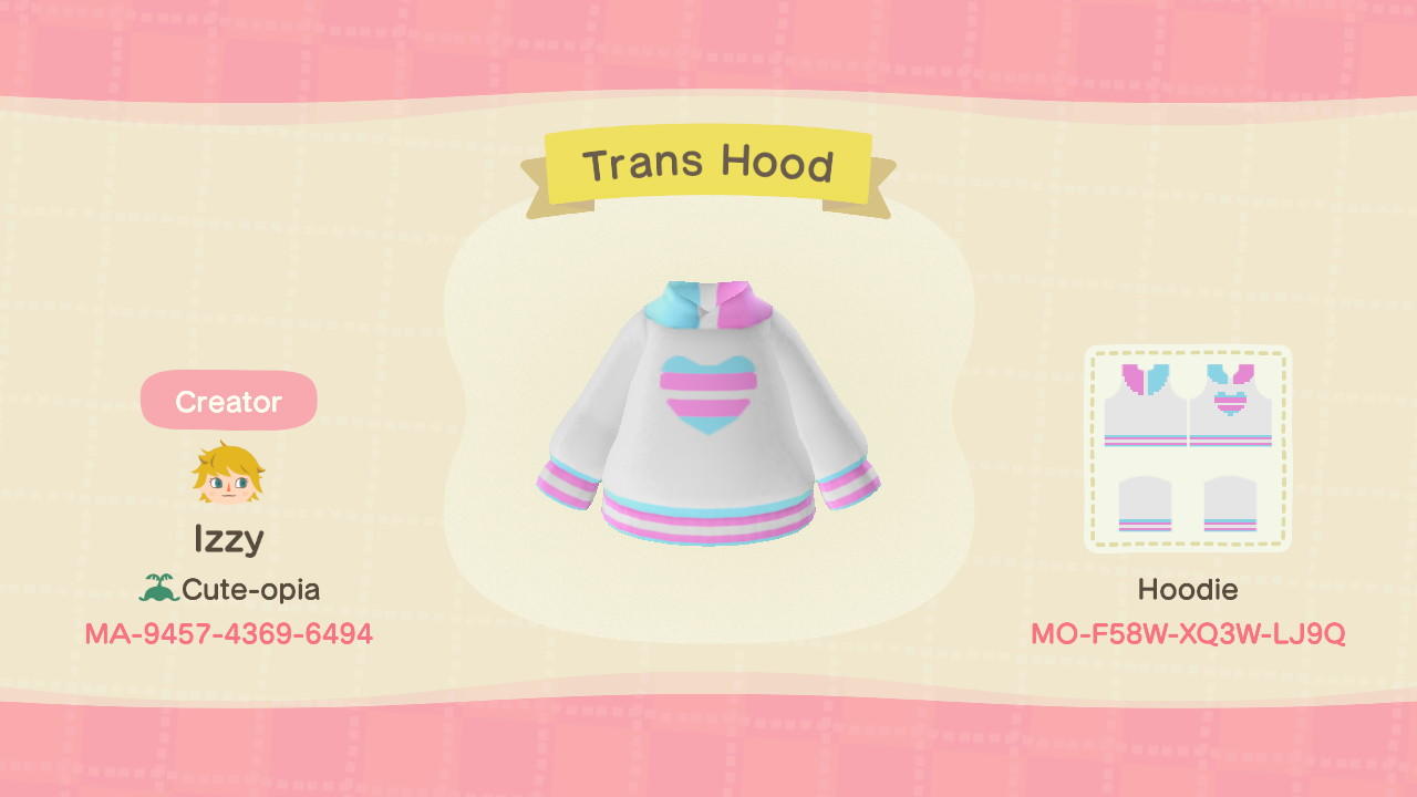 Animal Crossing Design Code: MO-F58W-XQ3W-LJ9Q Trans Hood
