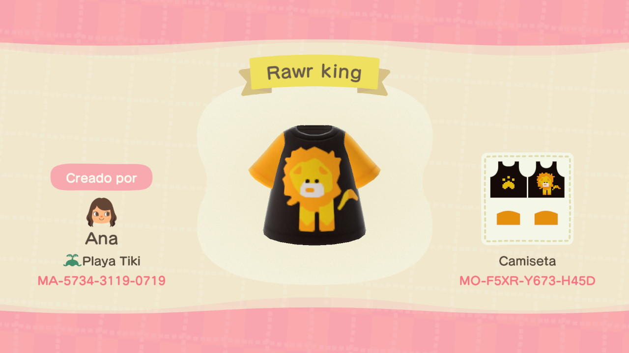 Animal Crossing Design Code: MO-F5XR-Y673-H45D Rawr king