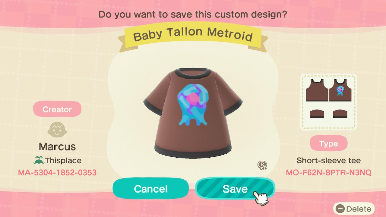 Animal Crossing Design Code: MO-F62N-8PTR-N3NQ Baby Tallon Metroid