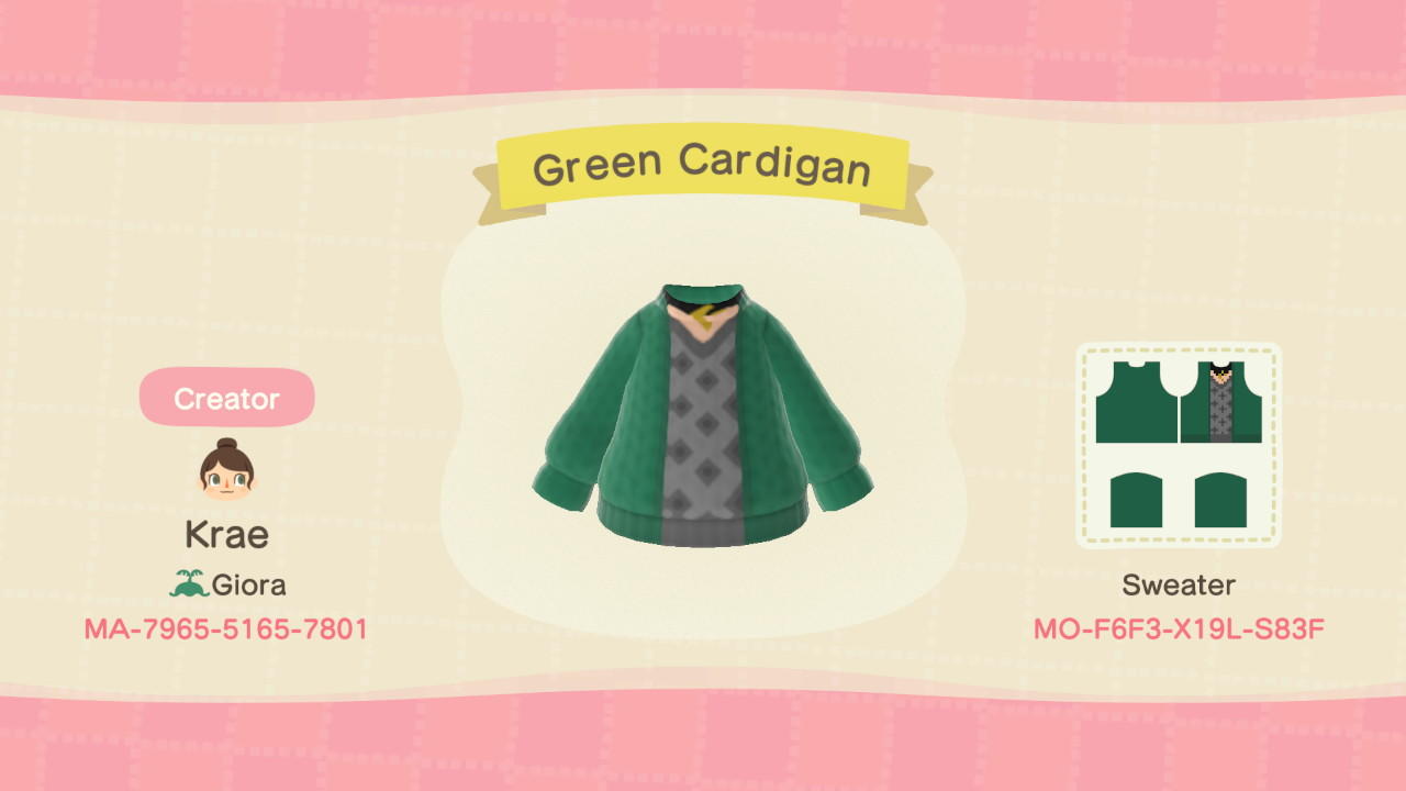 Animal Crossing Design Code: MO-F6F3-X19L-S83F Green Cardigan