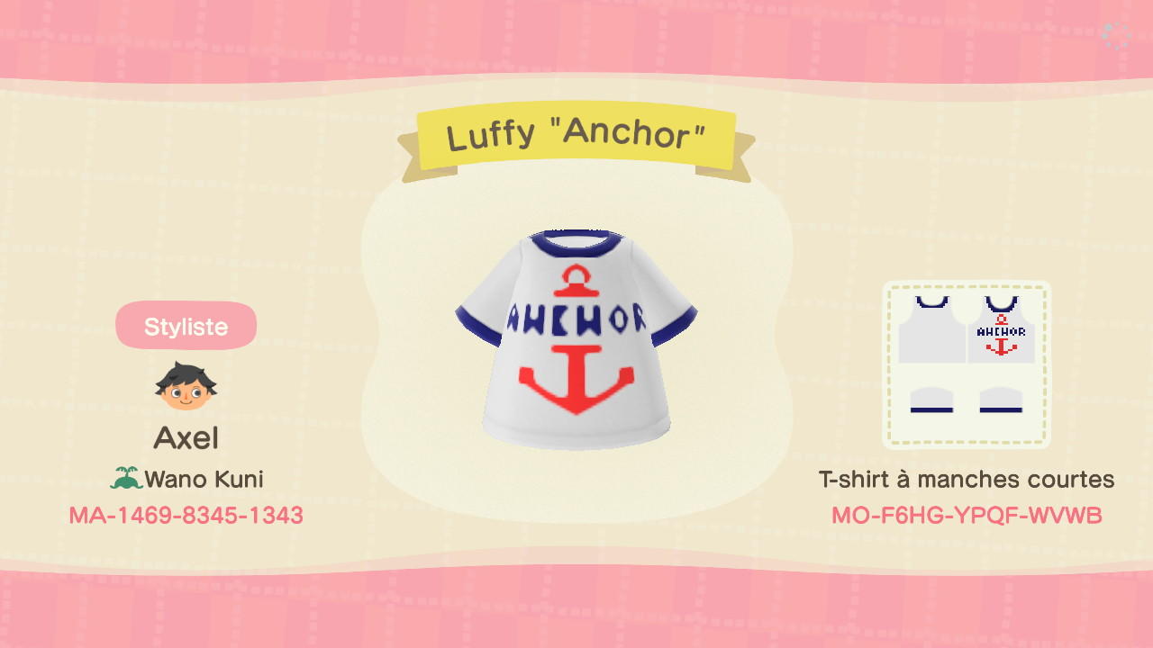 Animal Crossing Design Code: MO-F6HG-YPQF-WVWB Luffy "Anchor"