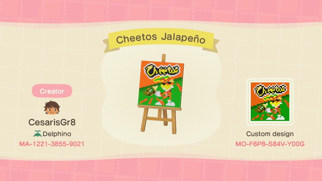 Animal Crossing Design Code: MO-F6P8-S84V-Y00G Cheetos Jalapeño