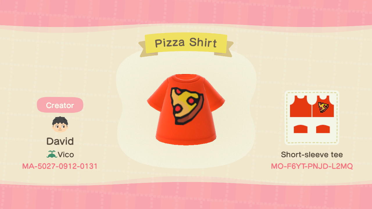 Animal Crossing Design Code: MO-F6YT-PNJD-L2MQ Pizza Shirt