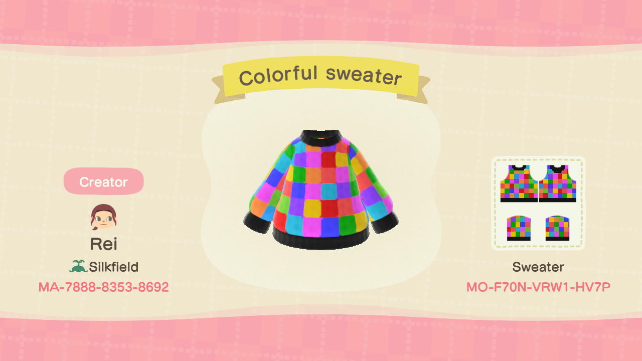 Animal Crossing Design Code: MO-F70N-VRW1-HV7P Colorful sweater
