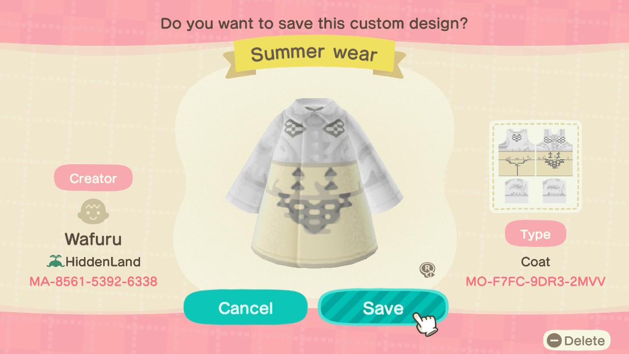 Animal Crossing Design Code: MO-F7FC-9DR3-2MVV Summer wear