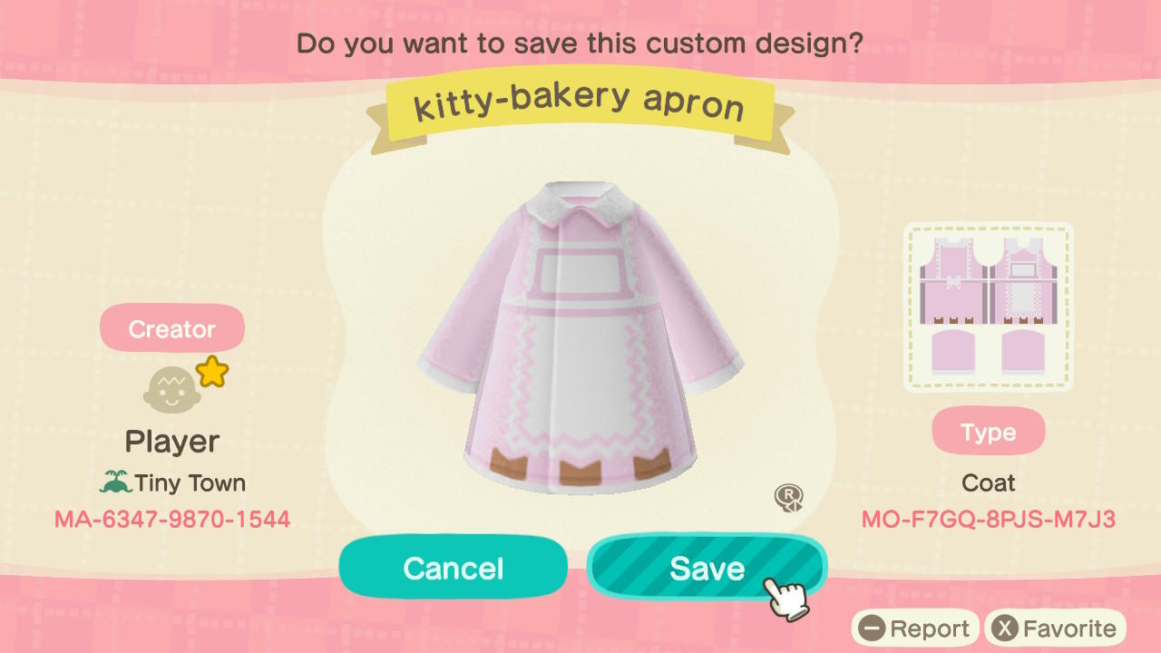 Animal Crossing Design Code: MO-F7GQ-8PJS-M7J3 Kitty-Bakery Apron