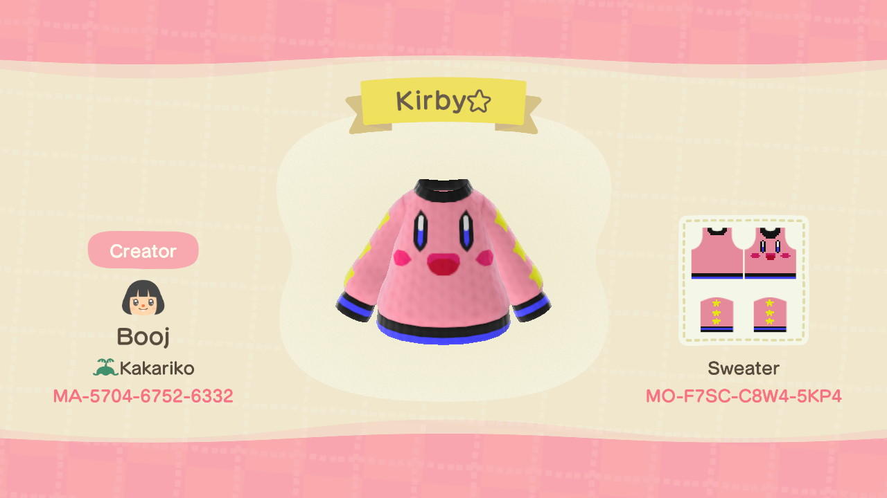 Animal Crossing Design Code: MO-F7SC-C8W4-5KP4 Kirby Sweater