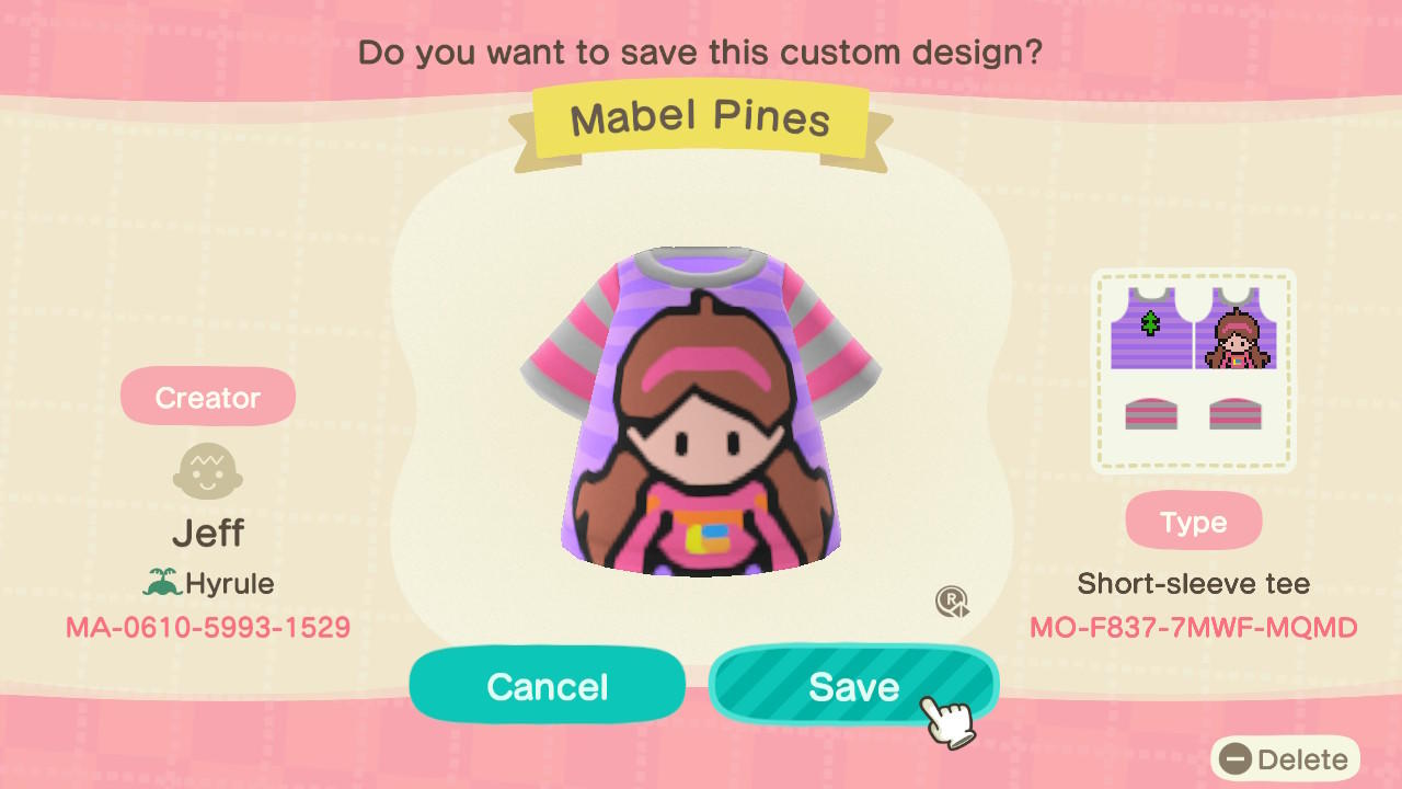 Animal Crossing Design Code: MO-F837-7MWF-MQMD Mabel Pines