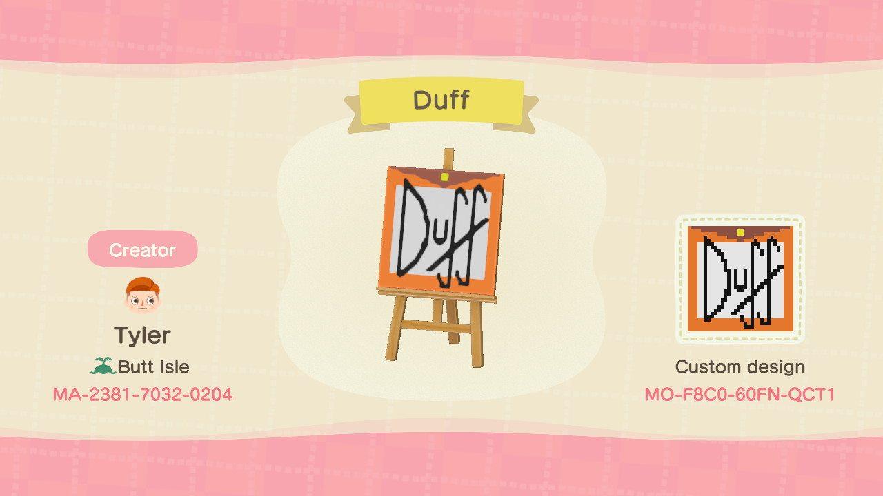 Animal Crossing Design Code: MO-F8C0-60FN-QCT1 Duff