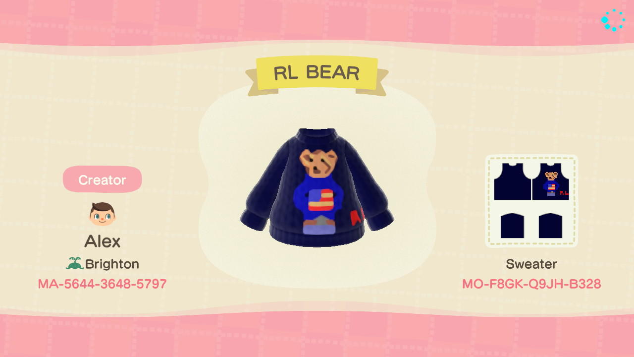 Animal Crossing Design Code: MO-F8GK-Q9JH-B328 Ralph Lauren Bear