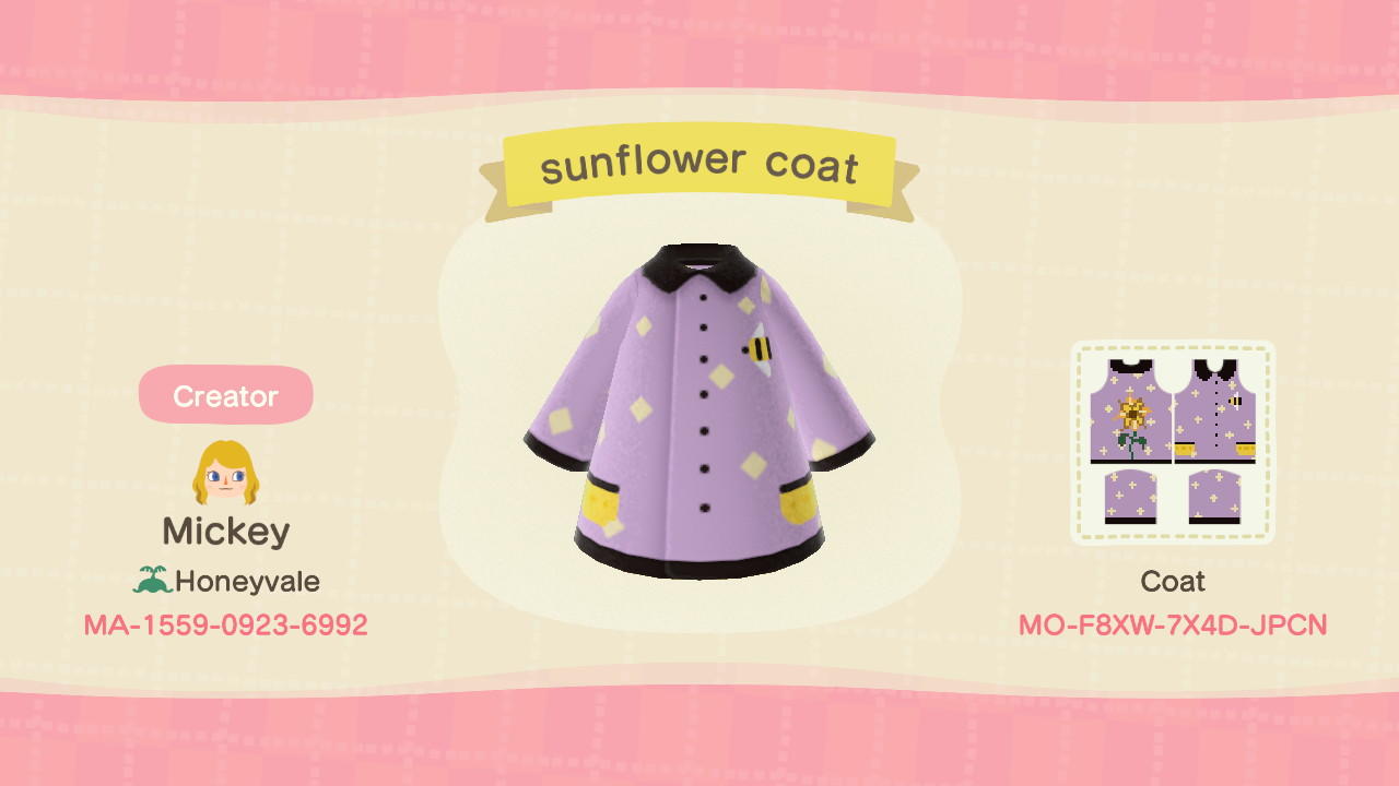 Animal Crossing Design Code: MO-F8XW-7X4D-JPCN sunflower coat