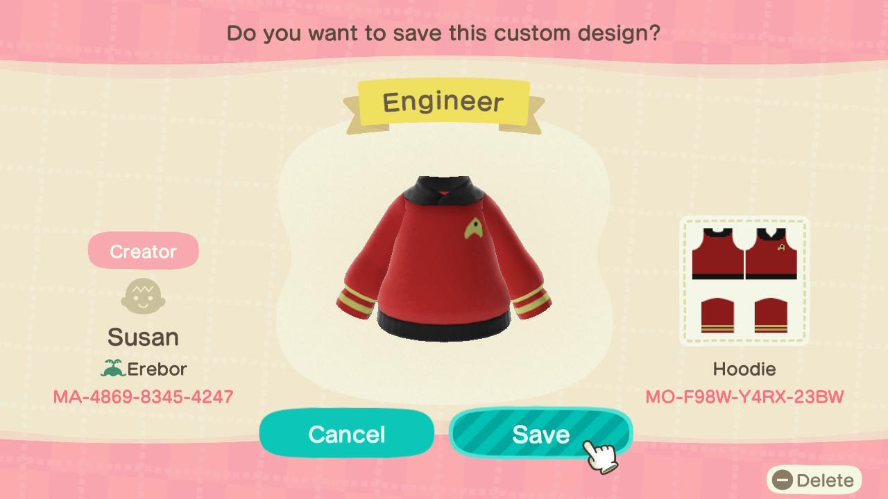 Animal Crossing Design Code: MO-F98W-Y4RX-23BW Star Trek - Engineer