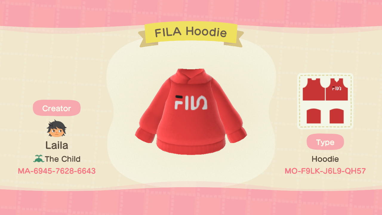 Animal Crossing Design Code: MO-F9LK-J6L9-0H57 FILA Hoodie
