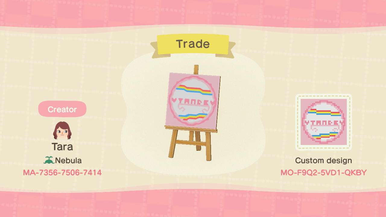Animal Crossing Design Code: MO-F9Q2-5VD1-QKBY Trade