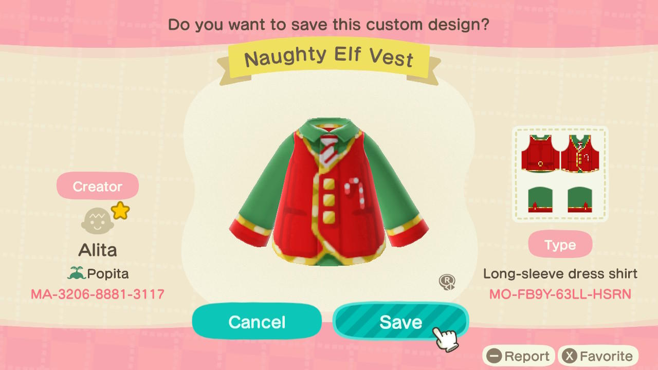 Animal Crossing Design Code: MO-FB9Y-63LL-HSRN Naughty Elf Vest