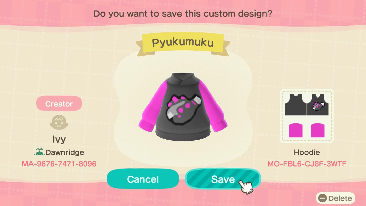 Animal Crossing Design Code: MO-FBL6-CJ8F-3WTF Pyukumuku Hoodie