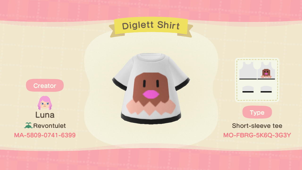 Animal Crossing Design Code: MO-FBRG-5K6Q-3G3Y Diglett Shirt