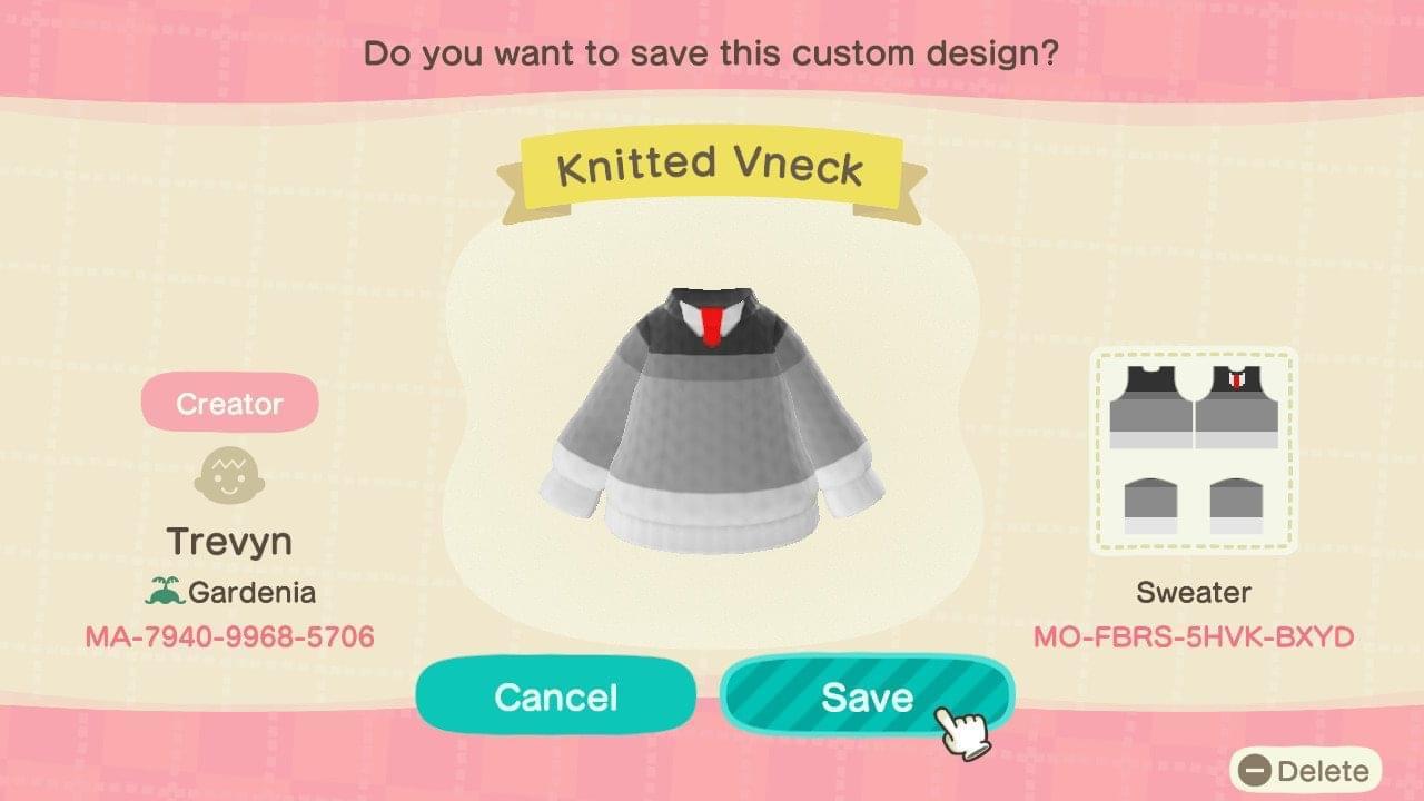 Animal Crossing Design Code: MO-FBRS-5HVK-BXYD Knitted V Neck