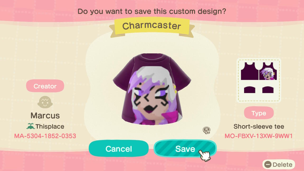 Animal Crossing Design Code: MO-FBXV-13XW-9WW1 Charmcaster