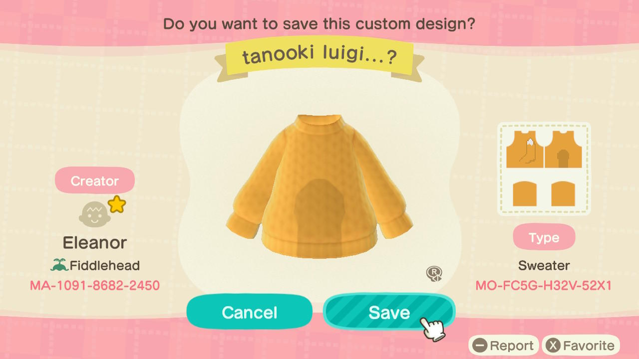 Animal Crossing Design Code: MO-FC5G-H32V-52X1 Tanooki/Fox Luigi