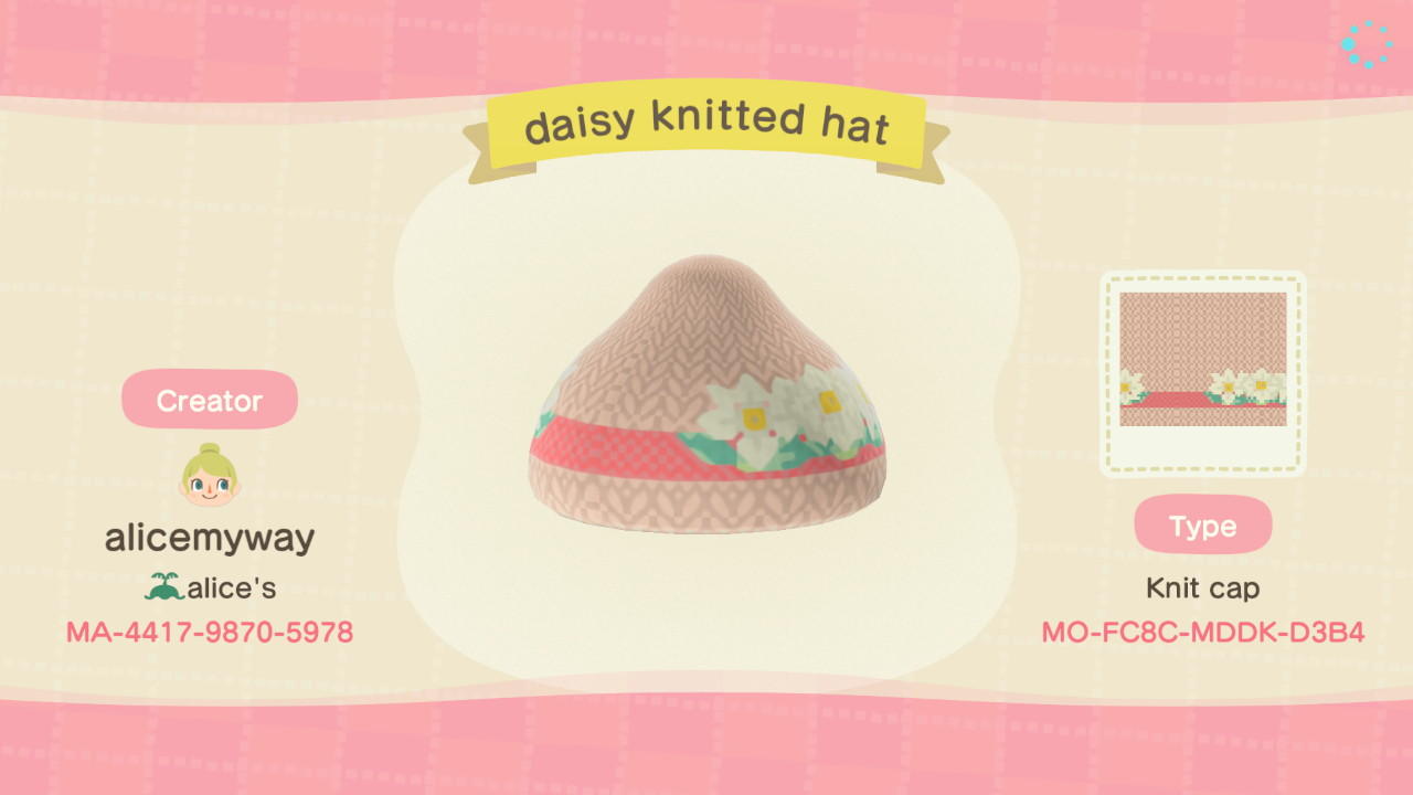 Animal Crossing Design Code: MO-FC8C-MDDK-D3B4 Daisy knitted cap