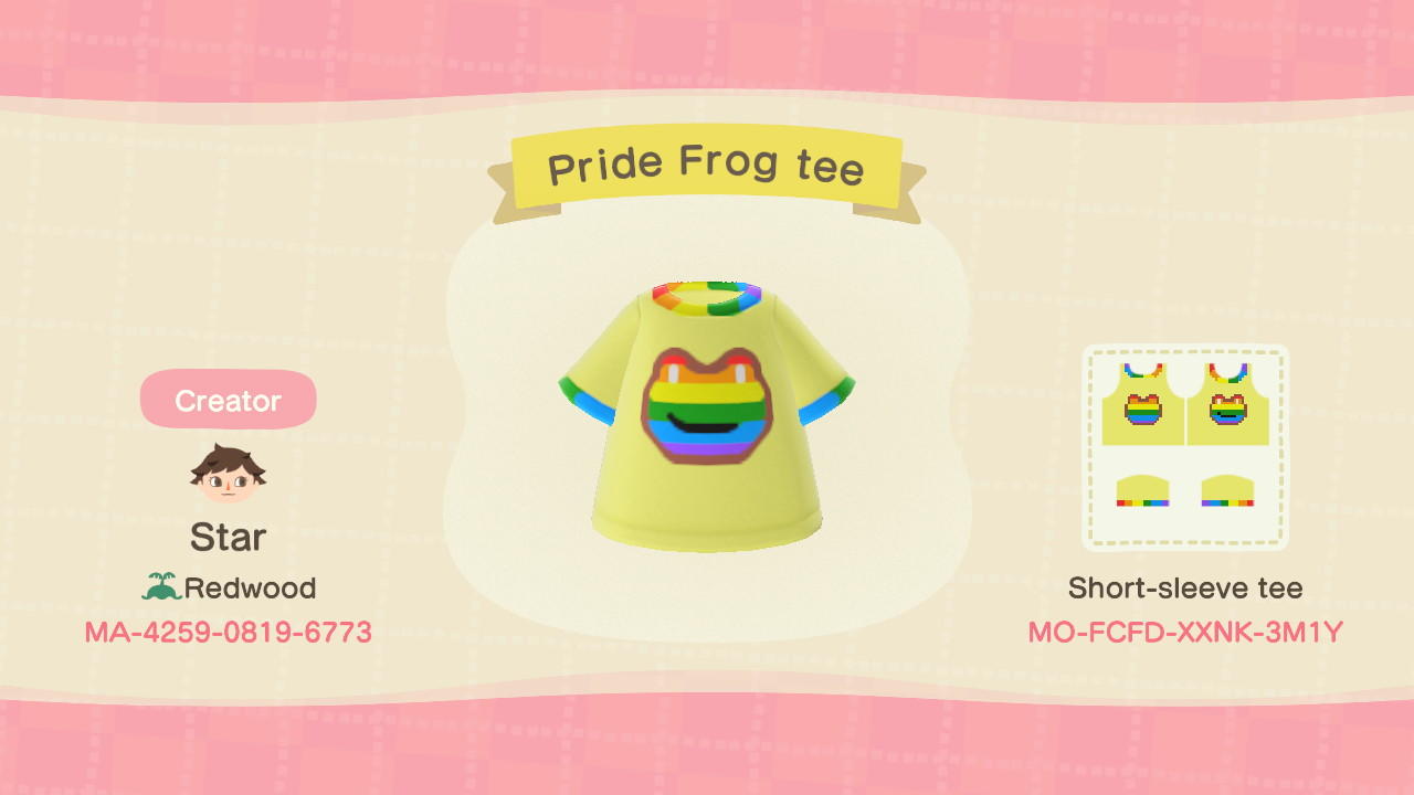 Animal Crossing Design Code: MO-FCFD-XXNK-3M1Y Pride frog tee