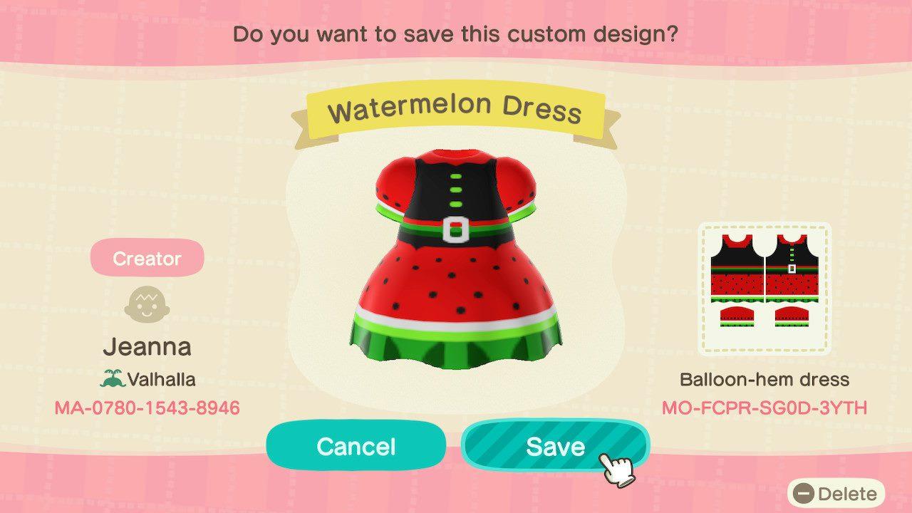 Animal Crossing Design Code: MO-FCPR-SG0D-3YTH Watermelon Dress