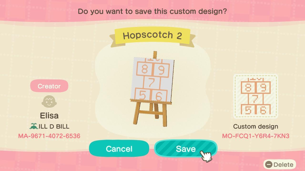 Animal Crossing Design Code: MO-FCQ1-Y6R4-7KN3 Hopscotch 2