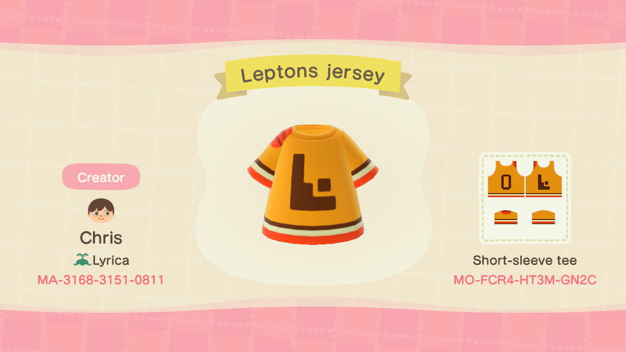 Animal Crossing Design Code: MO-FCR4-HT3M-GN2C Leptons Jersey