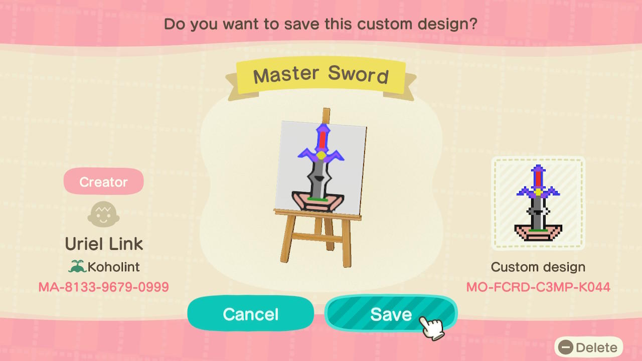 Animal Crossing Design Code: MO-FCRD-C3MP-K044 Zelda: Master Sword