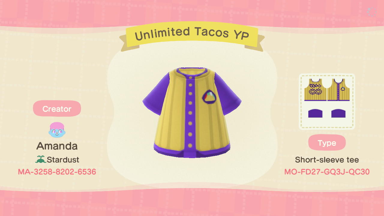 Animal Crossing Design Code: MO-FD27-GQ3J-QC30 Unlimited Tacos YP