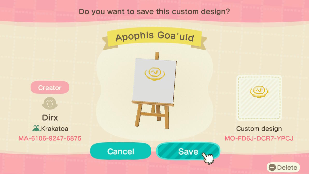 Animal Crossing Design Code: MO-FD6J-DCR7-YPCJ Apophis Goa&#39;uld