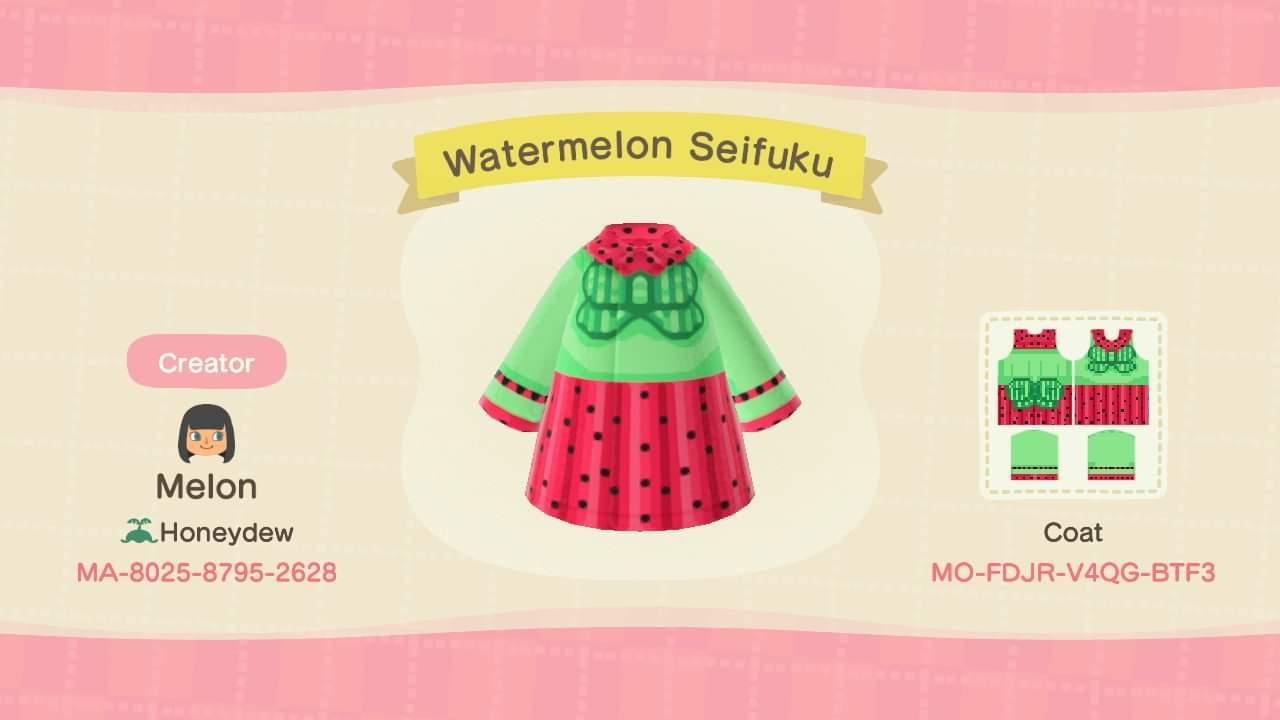 Animal Crossing Design Code: MO-FDJR-V4QG-BTF3 Watermelon Seifuku