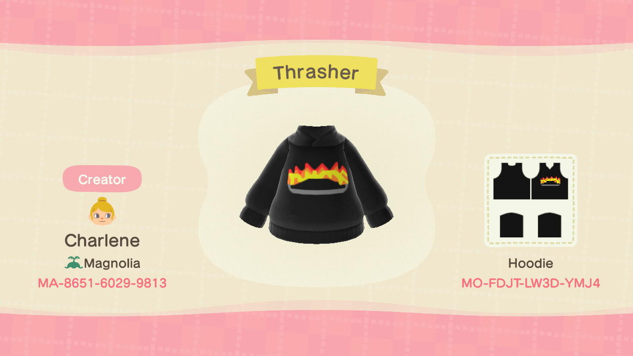Animal Crossing Design Code: MO-FDJT-LW3D-YMJ4 Thrasher Hoodie