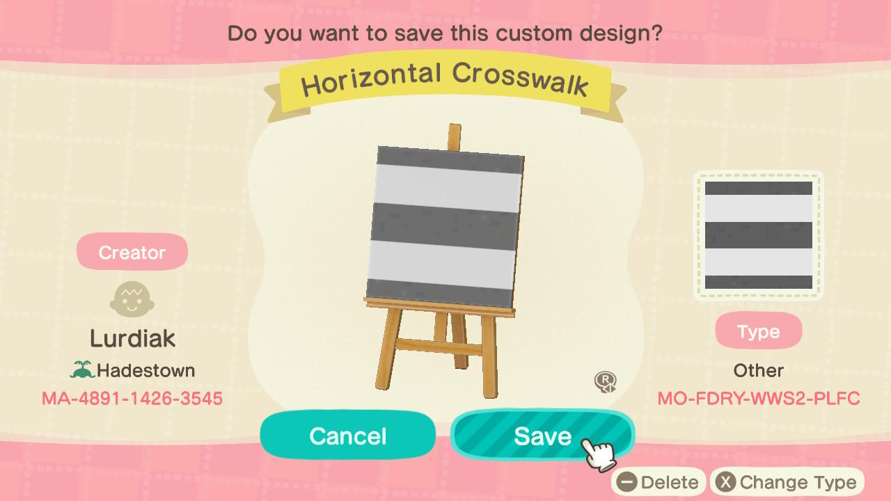 Animal Crossing Design Code: MO-FDRY-WWS2-PLFC Horizontal Crosswalk