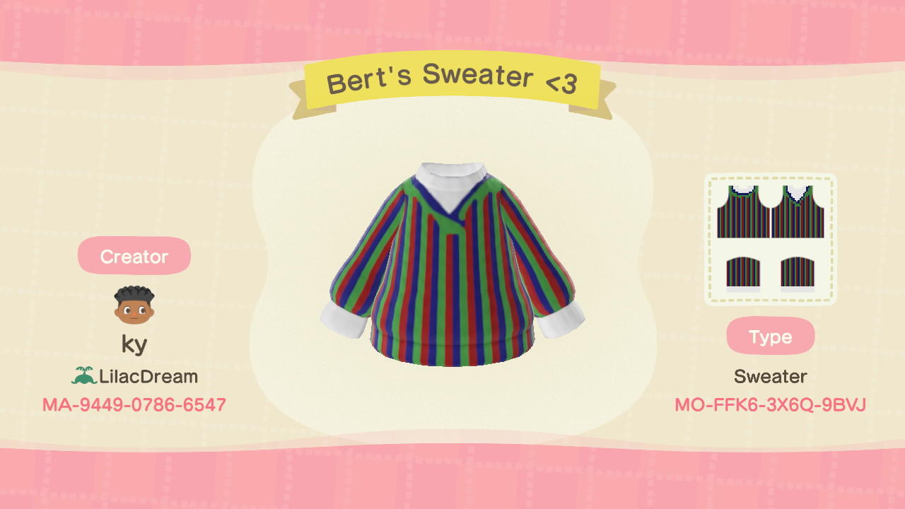 Animal Crossing Design Code: MO-FFK6-3X6Q-9BVJ Bert's Sweater <3