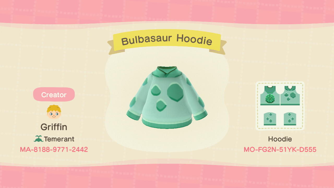 Animal Crossing Design Code: MO-FG2N-51YK-D555 Bulbasaur Hoodie