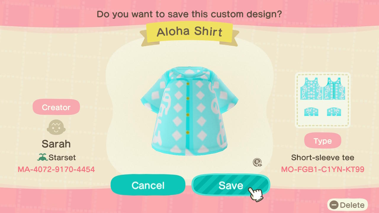 Animal Crossing Design Code: MO-FGB1-C1YN-KT99 Aloha Shirt