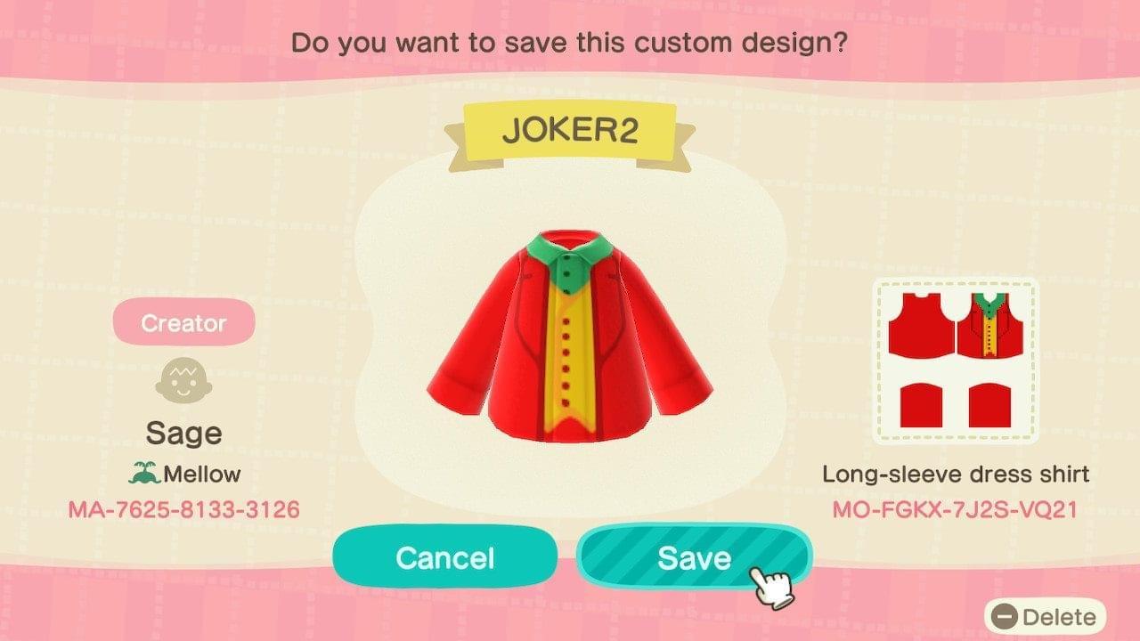 Animal Crossing Design Code: MO-FGKX-7J2S-VQ21 JOKER2