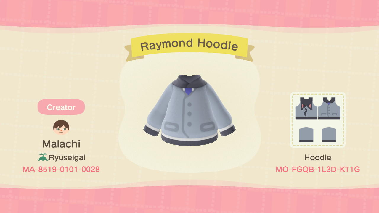 Animal Crossing Design Code: MO-FGQB-1L3D-KT1G Raymond Hoodie