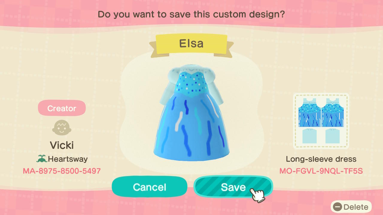Animal Crossing Design Code: MO-FGVL-9NQL-TF5S Disney Elsa