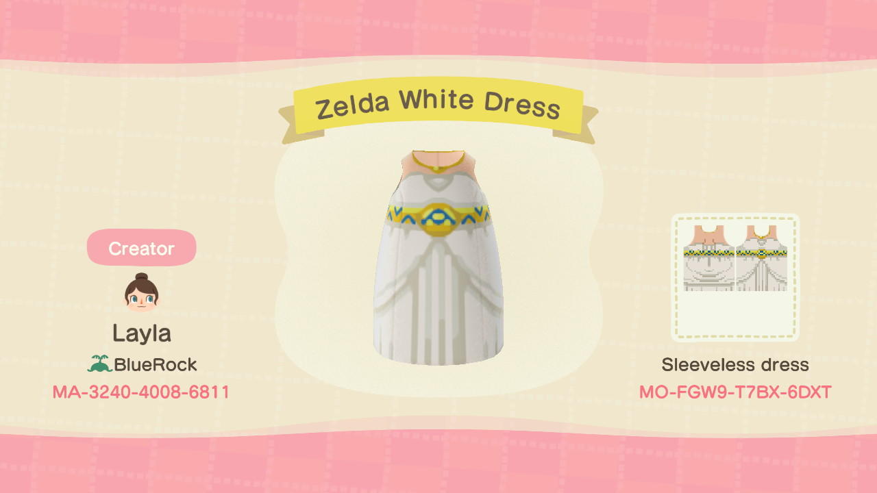 Animal Crossing Design Code: MO-FGW9-T7BX-6DXT Zelda White Dress