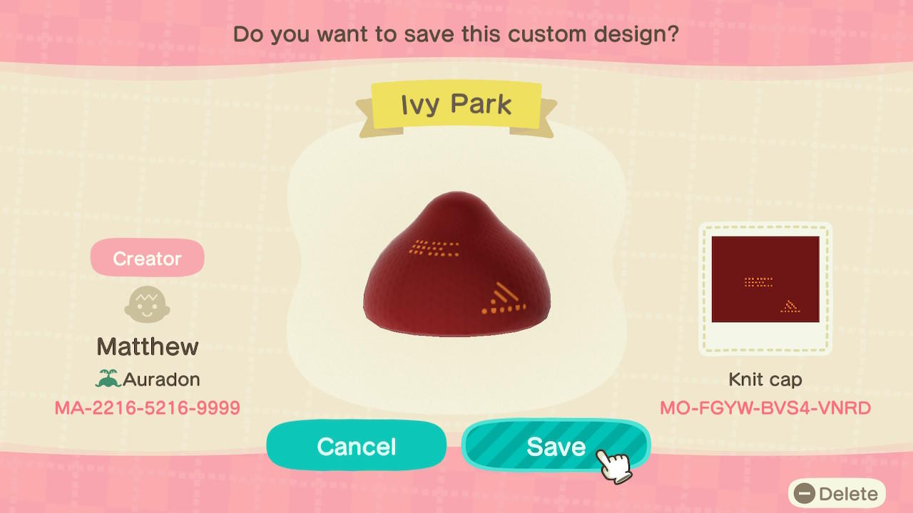 Animal Crossing Design Code: MO-FGYW-BVS4-VNRD Ivy Park
