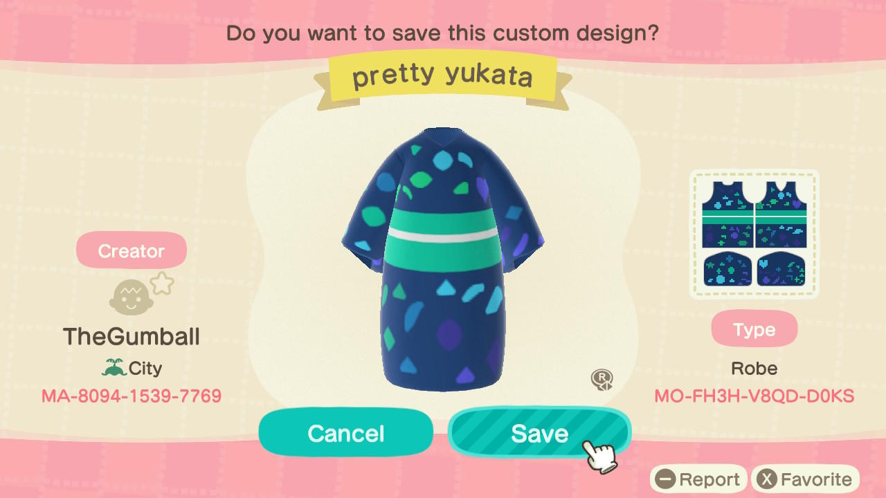 Animal Crossing Design Code: MO-FH3H-V8QD-D0KS Pretty Yukata