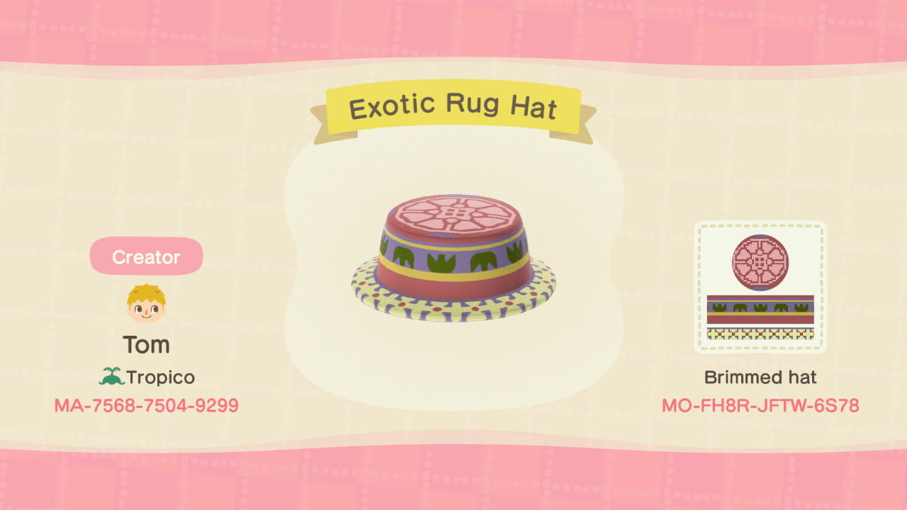 Animal Crossing Design Code: MO-FH8R-JFTW-6S78 Exotic Rug Hat