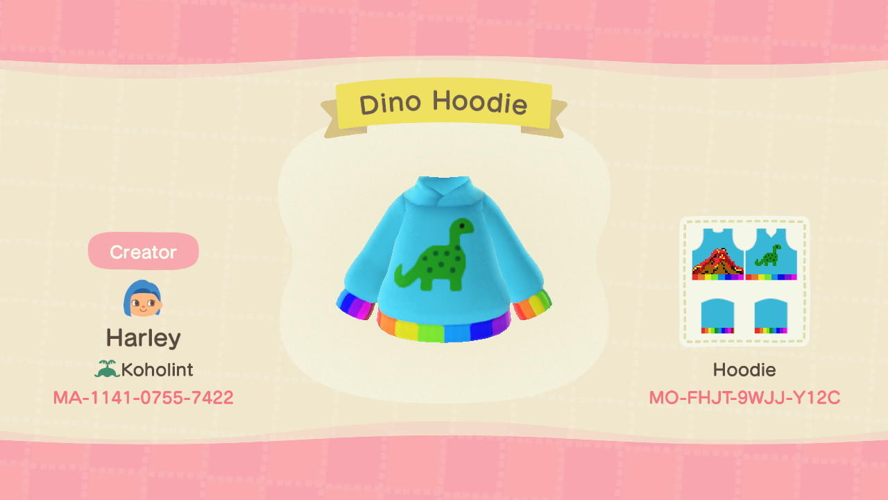 Animal Crossing Design Code: MO-FHJT-9WJJ-Y12C Dinosaur Hoodie