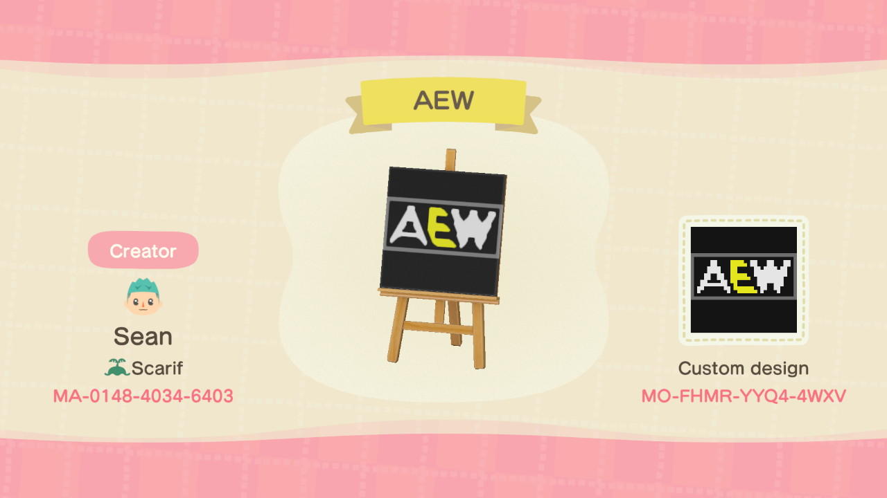 Animal Crossing Design Code: MO-FHMR-YYQ4-4WXV AEW Logo