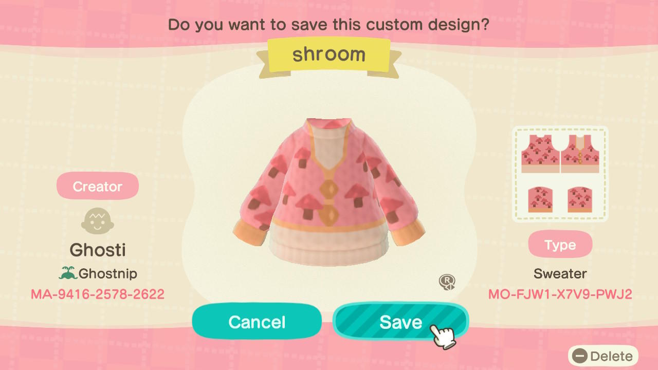 Animal Crossing Design Code: MO-FJW1-X7V9-PWJ2 Shroom