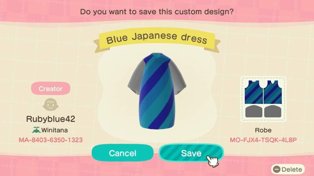 Animal Crossing Design Code: MO-FJX4-TSQK-4L8P Blue Japanese Dress