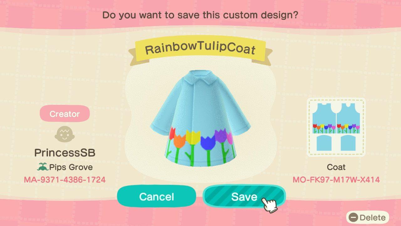 Animal Crossing Design Code: MO-FK97-M17W-X414 Rainbow Tulip Coat